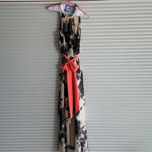 Eliza J Black and Cream Floral High Low Dress with Red Belt